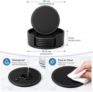 Set of 6 Black Leather Coasters 4 Inch Round Non‑Slip Drink Coasters for Table & <b>Desk</b> Spill Protection for Coffee Cups Coaster - Product Image 4