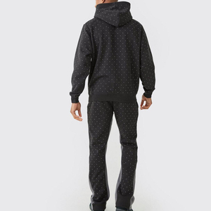 Ensemble de survêtement décontracté pour homme, noir, à capuche, entièrement zippé, motif à pois, respirant, poids moyen, streetwear, avec strass - Product Image 2
