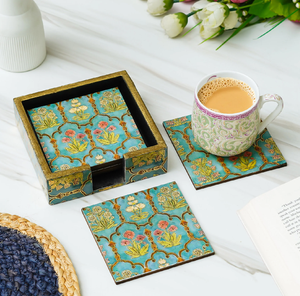 Posavasos Decorativos de Madera MDF al por Mayor, Forma Cuadrada, Antideslizantes, con Soporte, Diseño con Estampado Floral Azul Esmaltado - Product Image 1