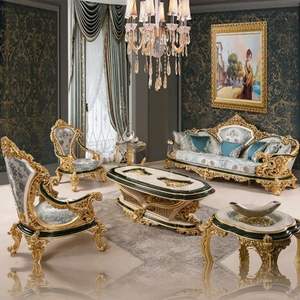 Table basse et canapé-lit Emma de luxe en bois d'acajou sculpté, style européen, finition dorée, en forme de L, avec éponge, pour salon - Product Image 1