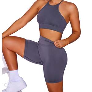Conjunto Deportivo Gris sin Costuras para Mujer, Top Deportivo Halter, Pantalones Cortos de Cintura Alta, Ropa Deportiva para Fitness, Yoga y Ejercicio - Product Image 2