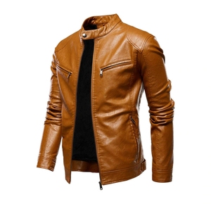 <b>Men's</b> Brown PU <b>Leather</b> <b>Jacket</b> Stand Collar Zipper Closure Slim Fit Regular Sleeve Solid Color Eco-Friendly <b>Jacket</b> For Sale - Product Image 2