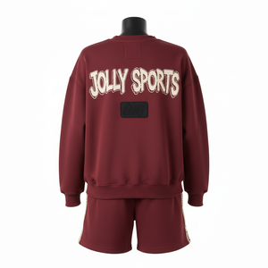 Conjunto de Sudadera y Pantalones Cortos para Mujer, Algodón GSM, Felpa de Poliéster, Color Granate, Cinta Lateral con Logotipo Bordado - Product Image 2