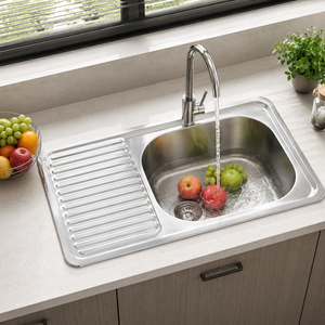 Fregadero de cocina de acero inoxidable de un solo seno con escurridor, instalación de montaje superior, superficie satinada cepillada, rectangular, un orificio - Product Image 6