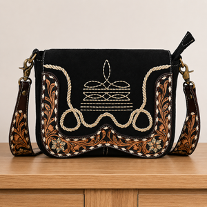 Bolso de Hombro Occidental de Cuero Genuino Premium para Mujer, Bolso de Diseño Floral Grabado, Estilo Vintage para Viajes Diarios, Bolso de Moda - Product Image 1