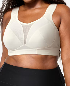 Soutien-gorge de yoga sans couture en maille haute performance pour femme, maintien élevé, couleur ivoire unie, logo personnalisé sur le devant, bretelles spaghetti, décolleté en V profond - Product Image 3