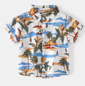 Chemise en coton imprimée à manches courtes pour garçons, col rabattu décontracté, motif peint à la main, bleu, jaune, vert, haut d'été - Product Image 3