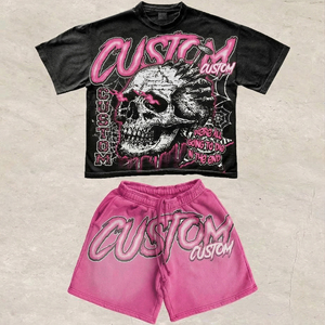 Ensemble T-shirt et short unisexe d'été délavé, motif graphique thermocollé, sérigraphie délavée, coupe courte et ample, haute qualité - Product Image 1