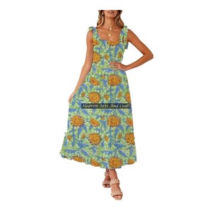 Vestido Casual de Verano Bohemio Ecológico de Algodón con Estampado a Mano, Tirantes Finos, Largo hasta el Suelo, Cuello Redondo, para Fiesta, para Mujer - Product Image 6