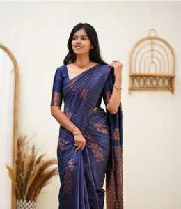 Sari en soie bleue lisse traditionnel avec bordure marron pour femmes, pour mariage et occasions spéciales, sari indien pakistanais - Product Image 5
