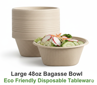 Bols jetables écologiques en bagasse de canne à sucre 48oz, robustes, compostables, résistants aux micro-ondes et aux fuites, pour fêtes, soupes, salades, ramen
