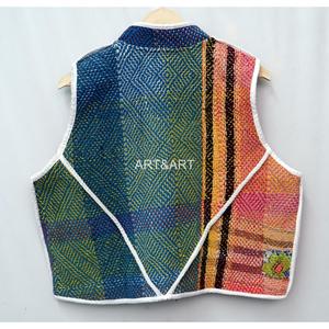 New Arrival Women's Indian Handmade Knitted Cotton Multicolor Classy <b>Kantha</b> Vintage V-neck Women Short Vest - Product Image 6
