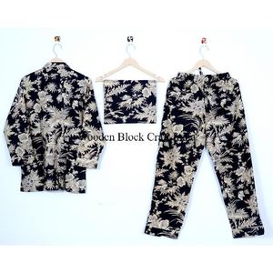 Ensemble de pyjama en coton indien imprimé à la main, vêtements de nuit élégants et tendance pour femmes, respirant, 100% coton pour l'été/le printemps - Product Image 4