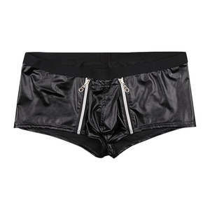 <b>Mens</b> Black Faux <b>Leather</b> Boxer Briefs Mid Rise Zipper Fly Solid Pattern <b>Underwear</b> Soft Premium Black Adults Waist Logo <b>Underwear</b> - Product Image 4