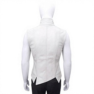 Chaleco Corto Asimétrico de Cuero Genuino Blanco, Cortavientos, con Cuello Alto |   Chaleco estilo motero de doble botonadura - Product Image 3