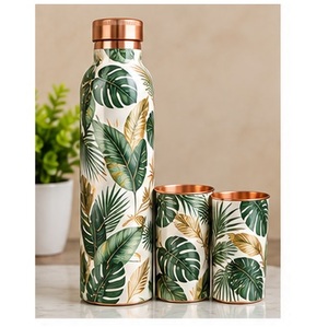 Juego de Botellas de Agua de Cobre con Diseño de Hojas Tropicales, Tapa de Cobre y Tazas a Juego, Estilo Bohemio, Portátil - Product Image 1