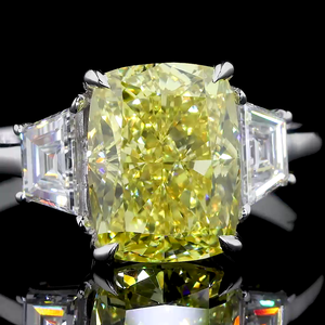 4 Ct Square <b>Cushion</b> Fancy Vivid Yellow Lab Grown Diamond 14K Gold Engagement Ring Triangle Side Stones Floral Basket Design for - Product Image 2