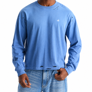 OEM Custom Full Sleeve Distressed Men's <b>shirts</b> Drop Shoulder Heavyweight Cotton Cutout Detail Urban Streetwear Vintage Washed - Product Image 2