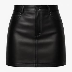 Jupe crayon mini en cuir véritable taille naturelle avec broderie et poches, design plissé vintage respirant, noir uni pour femme - Product Image 3