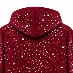 Sweat à capuche zippé bordeaux personnalisé avec perles, veste streetwear de luxe ornée de perles, sweat à capuche à manches longues, vêtement d'extérieur décontracté - Product Image 4
