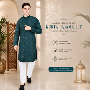 Conjunto de Kurta y Pijama de Rayón con Lentejuelas Bordadas para Hombre |   Traje Tradicional Indio de Manga Larga para Novio, Ropa Étnica de Diseñador para Fiestas - Product Image 2