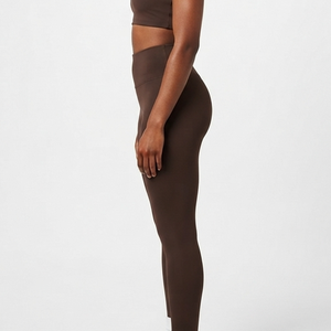High Waisted Solid <b>Brown</b> Yoga <b>Leggings</b> Full Length Seamless Elastic Waist Women Athletic Fitness Pants Right Leg Logo - Product Image 2
