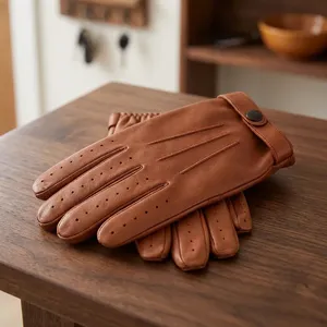 Gants de conduite en cuir de mouton marron, longueur poignet, style uni, respirants, non doublés, pour usage quotidien, printemps automne - Product Image 2