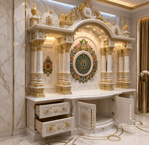 Large Size Marble Look Teak Wood <b>Mandir</b> Pooja Room Premium Hand-Carved Hindu Temple Cabinet Custom Professional Detachable - Product Image 3