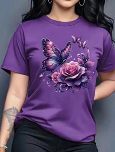 T-shirt décontracté pour femme à col rond, manches courtes, coupe ample, motif floral brodé, en tissu tricoté doux et extensible, idéal printemps/été - Product Image 5