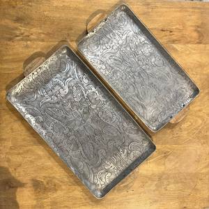 Rectangular Embossed Metal Serving <b>Tray</b> Set of 2 Large Silver Floral Decorative Platters with Wooden <b>Side</b> Handle or Coffee <b>Table</b> - Product Image 1