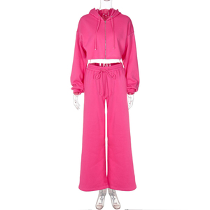 Ensemble de sweat-shirt court à capuche rose pour femmes, manches longues, en molleton, vêtements décontractés, couleur unie, tenue en 2 pièces, coupe ample, toutes saisons - Product Image 6