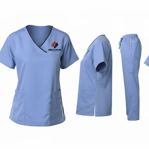 Ensemble d'uniformes médicaux pour hommes et femmes, manches courtes, col en V, pour hôpital, médecin, en denim tricoté, vêtements de travail pour détection d'aiguilles, vente en gros OEM ODM - Product Image 1