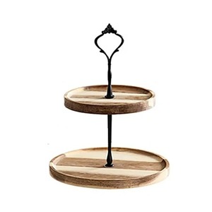 Support à gâteau en bois à 2 niveaux avec poignée en métal thermolaqué |   Support de présentation de desserts rustique, durable, fait main et respectueux de l'environnement |   Fête de cuisine - Product Image 1
