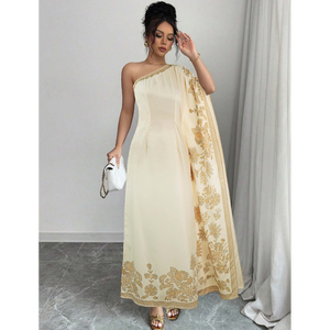 ชุดเดรสคาฟตันปักลายไหล่เดียว ทรงเดรปแบบไหล่เดียว คอเสื้อไม่สมมาตร ตัดเย็บแบบไหล่เดียวอย่างเรียบง่าย - Product Image 4