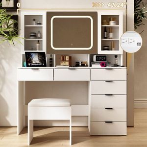 Large LED Lighted Mirror Makeup Vanity Table Set with Charging Station Glass Doors Drawers-for Your Daily Beauty Routine! - Product Image 4