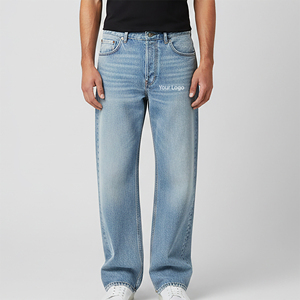 Wholesale Affordable Price Streetwear Vintage Washed Heavyweight Jeans <b>Pants</b> Light Blue Stone Washed Elastic Waist Denim <b>Pants</b> - Product Image 1