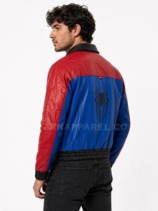 Blouson Bomber en Cuir PU Rouge et Bleu pour Homme, Imprimé Personnalisé, Fermeture Éclair, Col Rabattu, Vêtement Décontracté pour l'Automne - Product Image 4