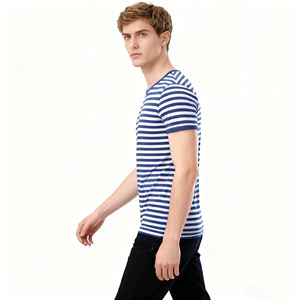 Camisetas de Algodón Unisex al por Mayor, Cuello Redondo, Manga Corta, con Rayas Azul Marino, Tejido de Punto de 180 g/m², Diseño Casual con Rayas Marineras - Product Image 6