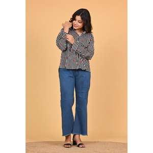 Camisa de Algodón a Rayas con Estampado de Corazones para Mujer, Blusa de Manga Larga con Botones, Estilo Casual Chic para Oficina, Top con Estampado Lindo - Product Image 2