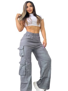 Pantalones de cintura alta, ropa de calle, pantalones Cargo de 6 bolsillos, pantalones Cargo de cintura alta de algodón 100% para mujer, pantalones Cargo de moda lisos para mujer - Product Image 3