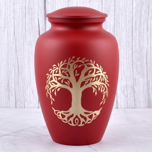 Urna Funeraria de Latón con Árbol de la Vida en Rojo y Dorado, Acabado Mate, para Cenizas Humanas, Recuerdo Funerario y Entierro - Product Image 1