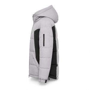 Hot Sale Stand Woven Hooded Puffer <b>Jacket</b> Casual Winter Streetwear Contrast Panels Custom Logo Embroidery Service Full Front - Product Image 2