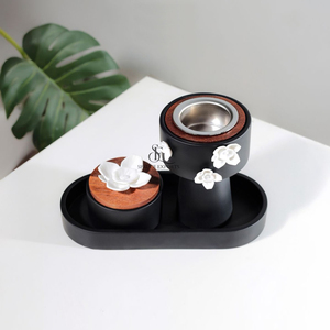 Modern Matte Black Metal & Wood Incense Burner Box With Tray & <b>White</b> Flower Accents. Powder Coating Finish For Home Decor - Product Image 1