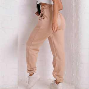 <b>Women's</b> <b>Beige</b> High Waist <b>Jogger</b> Sweatpants Elastic Cuff Loose Fit Ankle-Length Solid Color Side Pockets Breathable Cotton Pants - Product Image 1