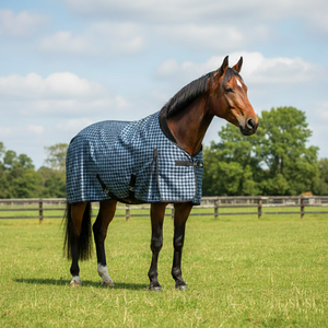 Manta para Caballo Azul con Diseño de Pata de Gallo, Ligera, Transpirable y Cómoda, Elegante Ropa de Establos Ecuestres - Product Image 2