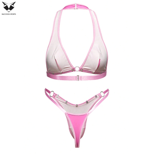 Good Supplier Newest Trendy Baby Pink Color Halter Top and Ring Detail Studded Bikini Bottoms Women Leather <b>Bra</b> & Briefs - Product Image 2