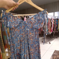 Vestido de Algodón 100% para Mujer, Estampado Paisley Boho, Hombros Descubiertos, Largo Regular, Informal, para Vacaciones, Mangas Cortas, Ajustable