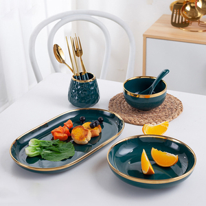 Meal <b>Set</b> 4/6-Person Luxurious Modern Titanium Gold Rimmed Green Smooth Glossy Porcelain <b>Dinnerware</b> <b>Sets</b> Durable BPA Free - Product Image 4