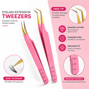 Pince à épiler de précision en acier inoxydable rose à texture diamantée, pointe dentée, avec règle intégrée pour extensions de cils - Product Image 1
