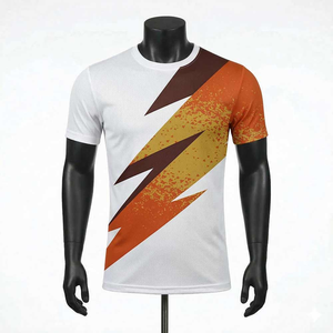 Camiseta de Manga Corta con Cuello Redondo y Estampado Geométrico Blanco y Naranja para Hombre, de Secado Rápido, Tejido de Punto, Corte Casual, Largo Regular - Product Image 1